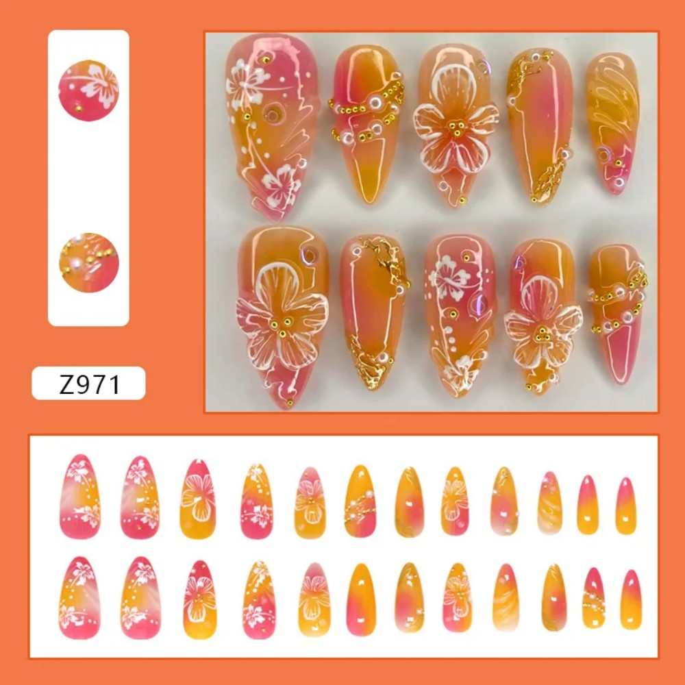 Pressed Flower Art - 24 Uñas Postizas Almendradas en Degradado