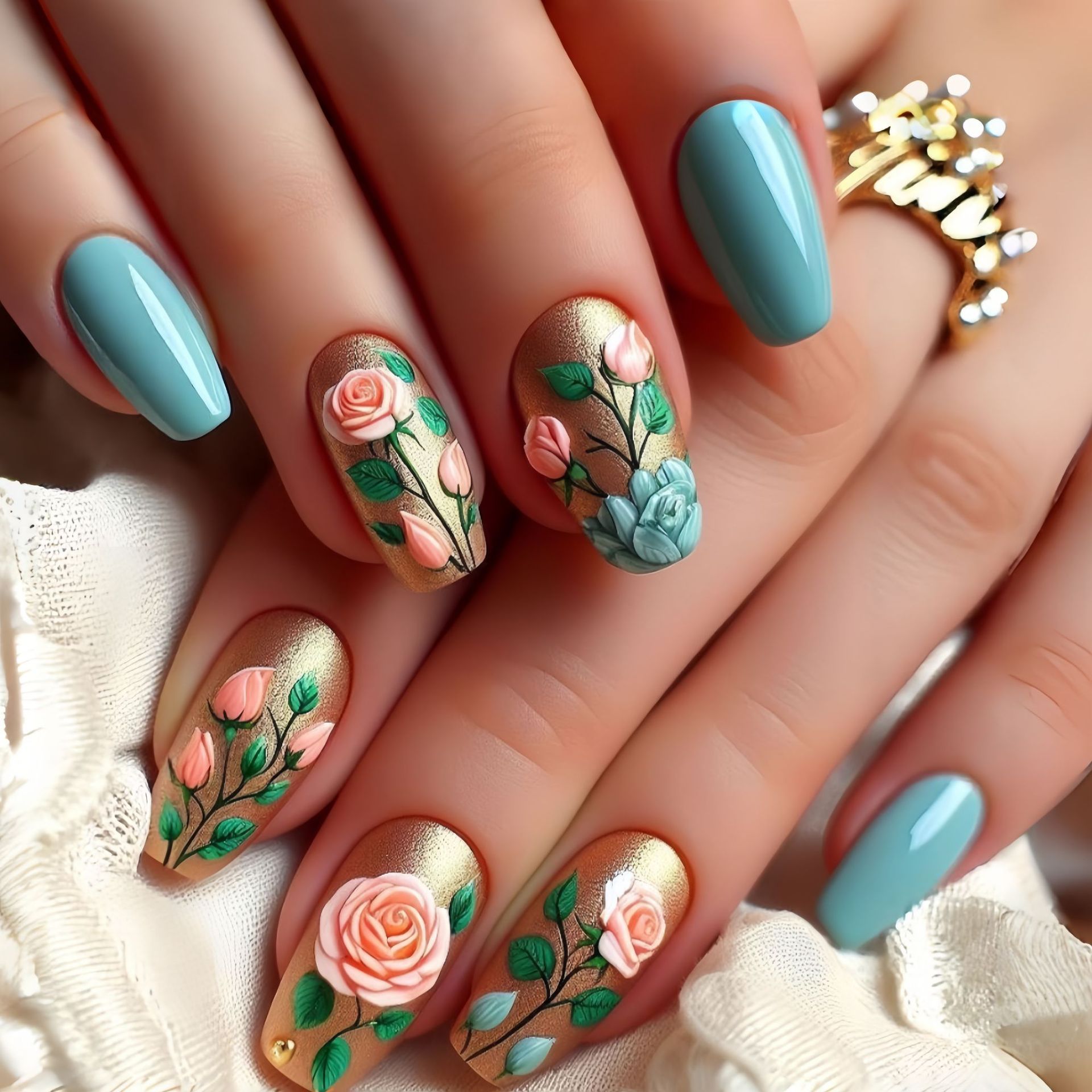 Pressed Flower Art - Uñas postizas medianas para mujeres y